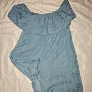 En Creme Denim Off Shoulder Romper